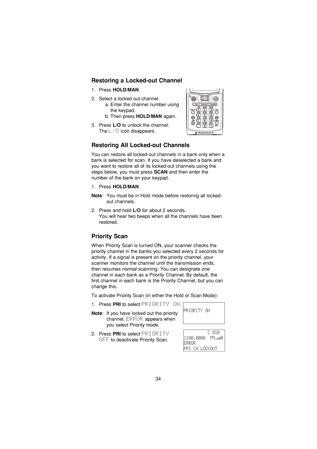 Uniden UBC3300XLT manual Restoring a Locked-out Channel, Restoring All Locked-out Channels, Priority Scan 