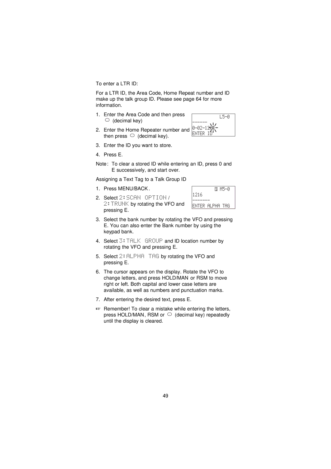 Uniden UBC3300XLT manual 02-120¡, M5-0, 1216, To enter a LTR ID, Assigning a Text Tag to a Talk Group ID Press MENU/BACK 