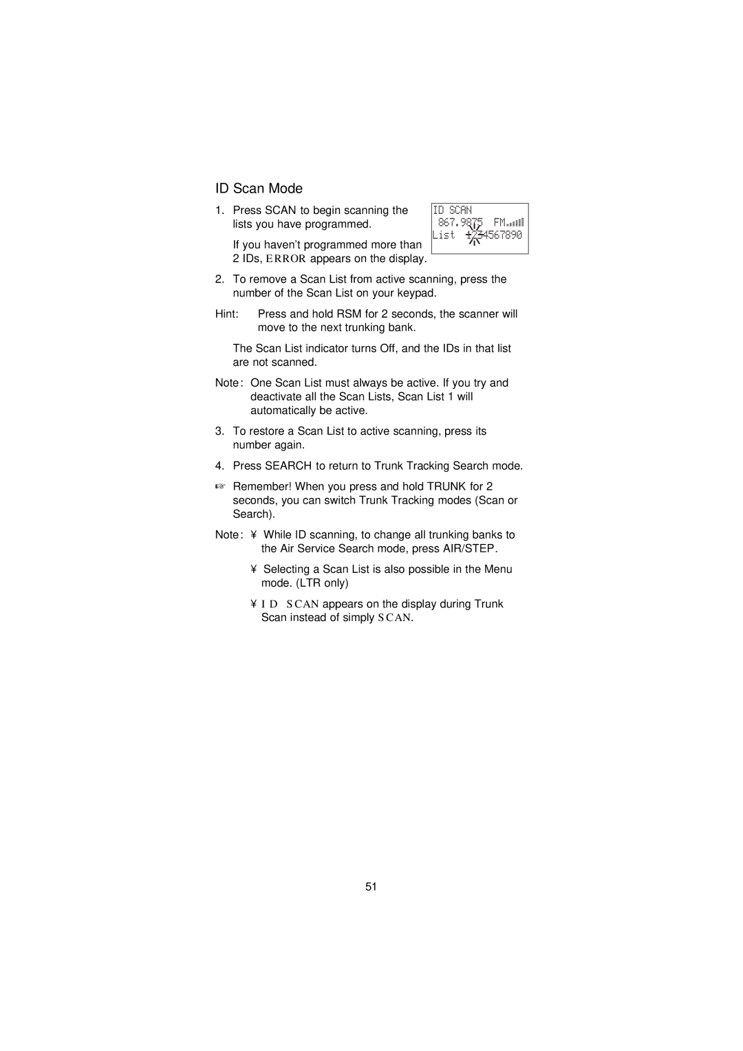 Uniden UBC3300XLT manual ID Scan Mode, ID Scan 867.9875 FM List 