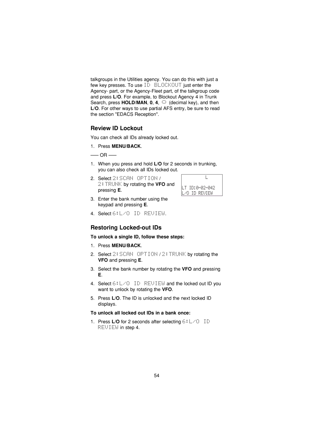 Uniden UBC3300XLT Review ID Lockout, Restoring Locked-out IDs, LT ID0-02-042, To unlock all locked out IDs in a bank once 