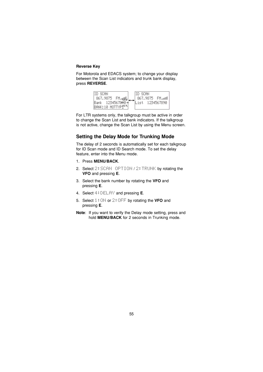 Uniden UBC3300XLT manual Setting the Delay Mode for Trunking Mode, Reverse Key 