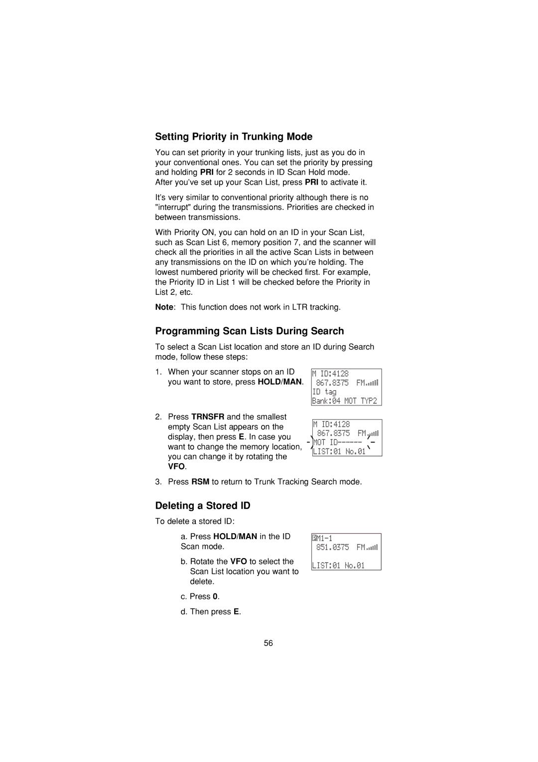 Uniden UBC3300XLT manual Setting Priority in Trunking Mode, Programming Scan Lists During Search, Deleting a Stored ID 