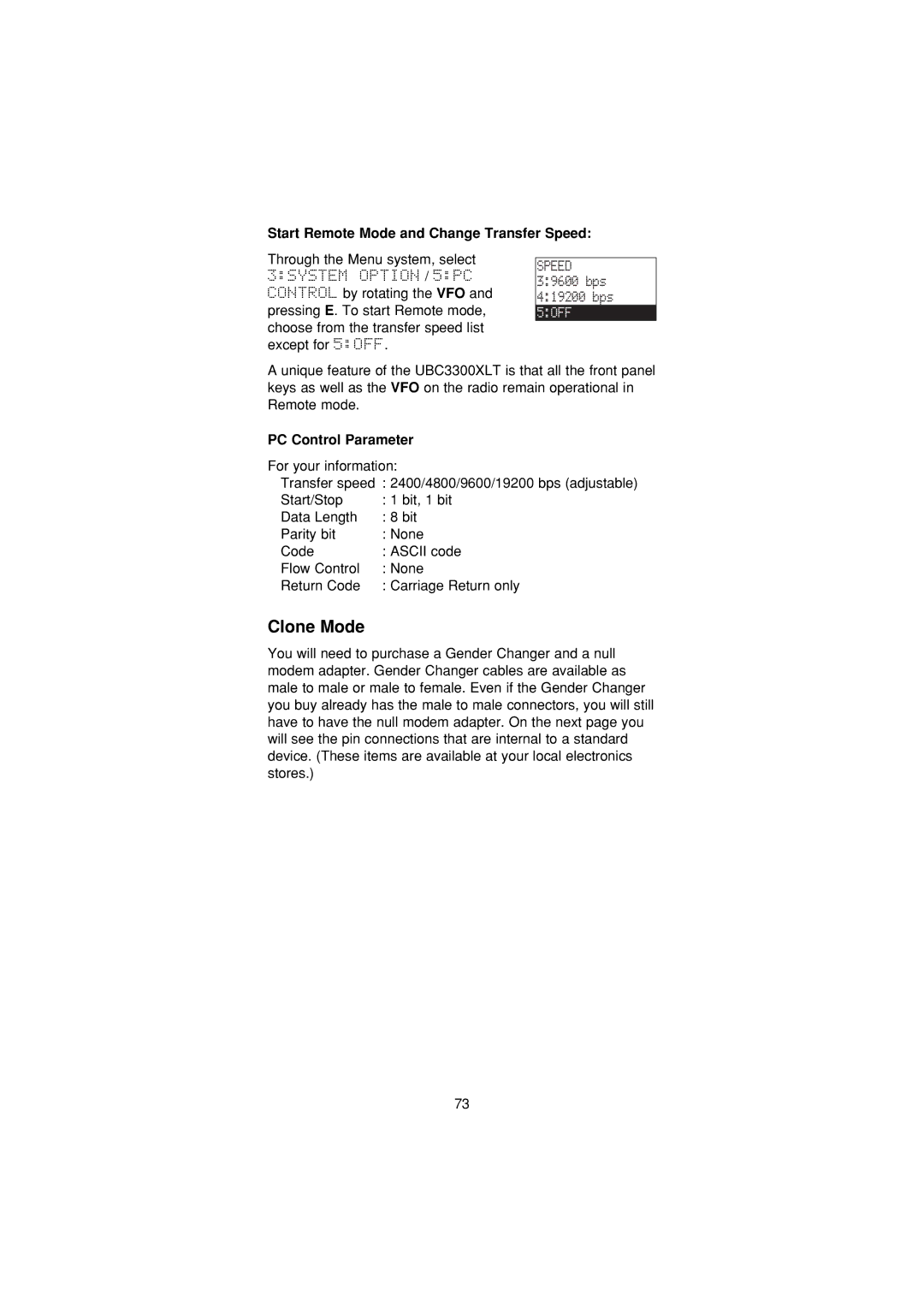Uniden UBC3300XLT manual Clone Mode, Speed 39600 bps 419200 bps, Start Remote Mode and Change Transfer Speed 