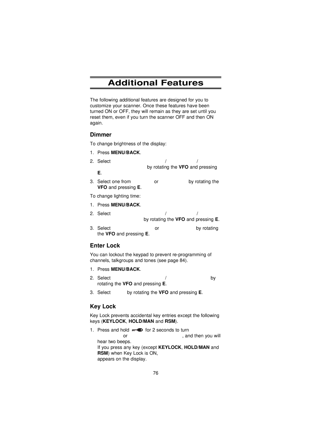 Uniden UBC3300XLT manual Additional Features, Dimmer, Enter Lock, Key Lock 