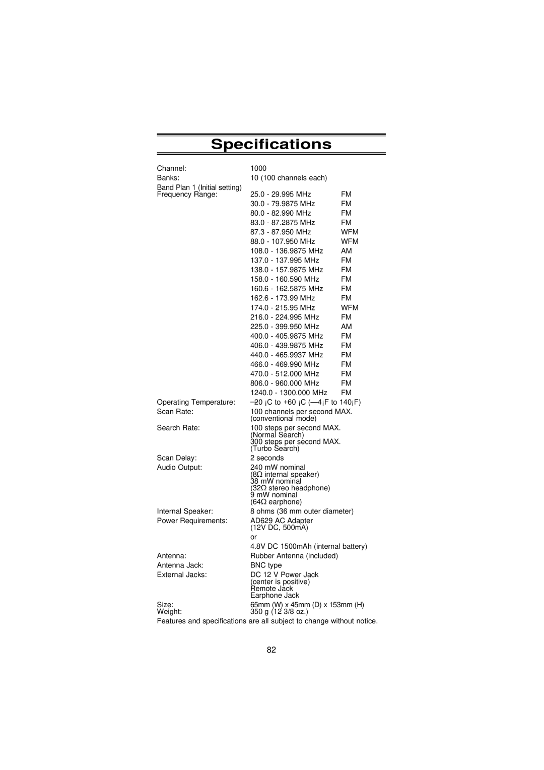 Uniden UBC3300XLT manual Specifications 