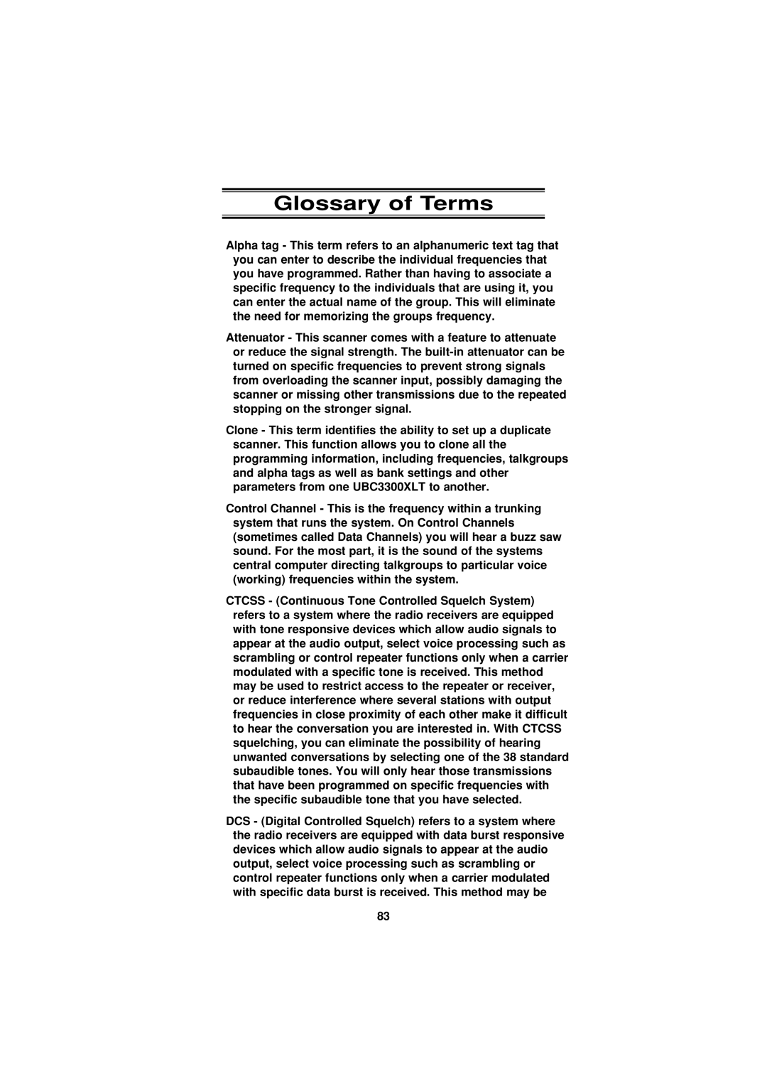 Uniden UBC3300XLT manual Glossary of Terms 