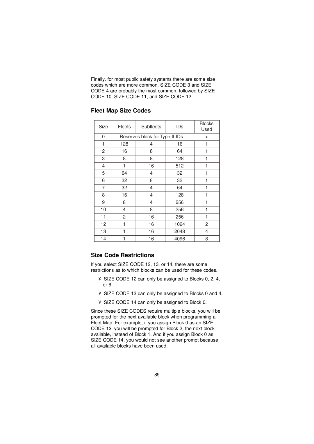 Uniden UBC3300XLT manual Fleet Map Size Codes, Size Code Restrictions 