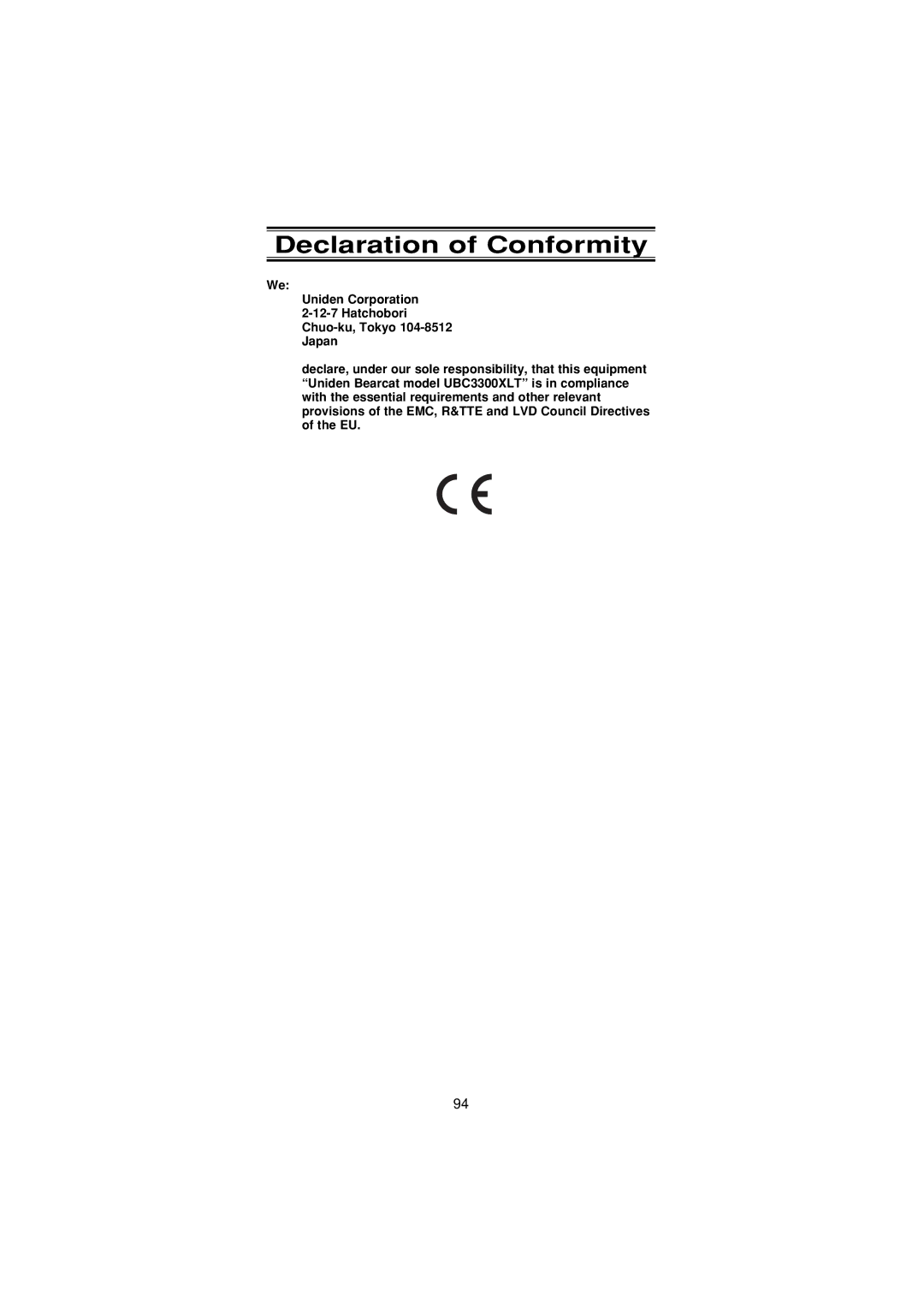 Uniden UBC3300XLT manual Declaration of Conformity 