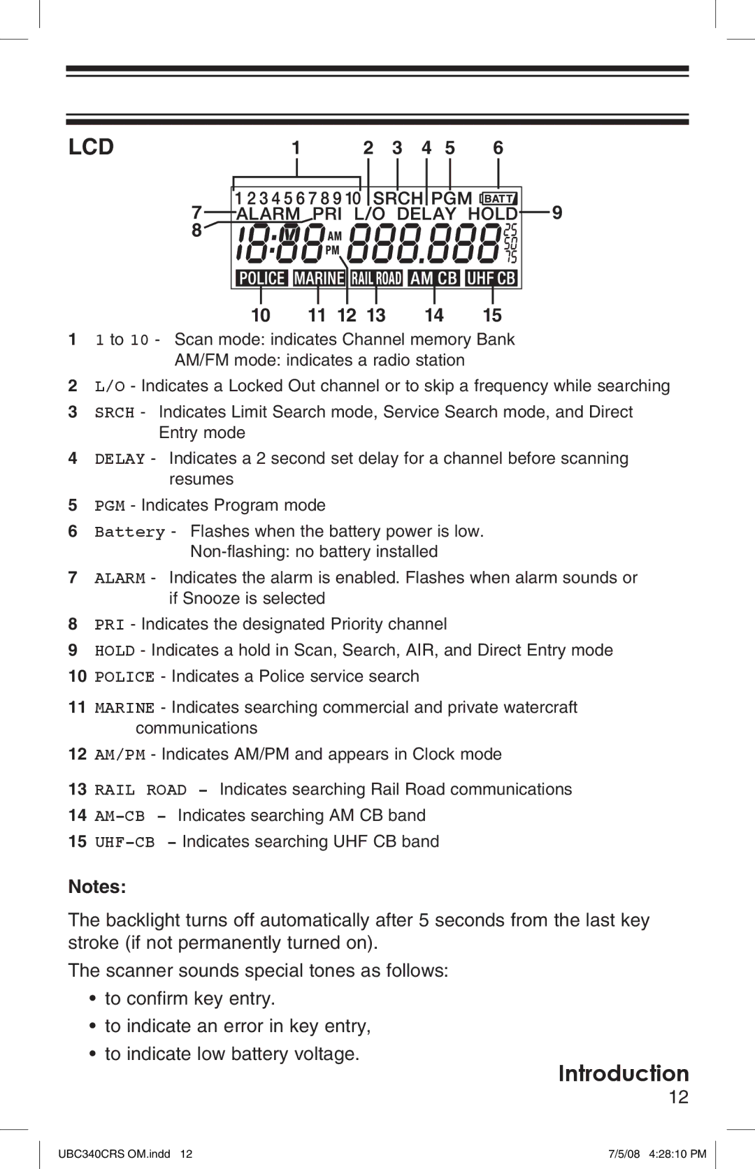 Uniden UBC340CRS owner manual Lcd 