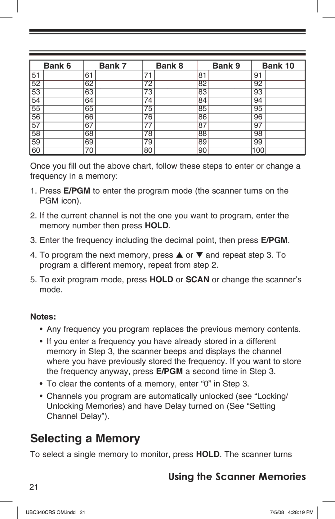 Uniden UBC340CRS owner manual Selecting a Memory 