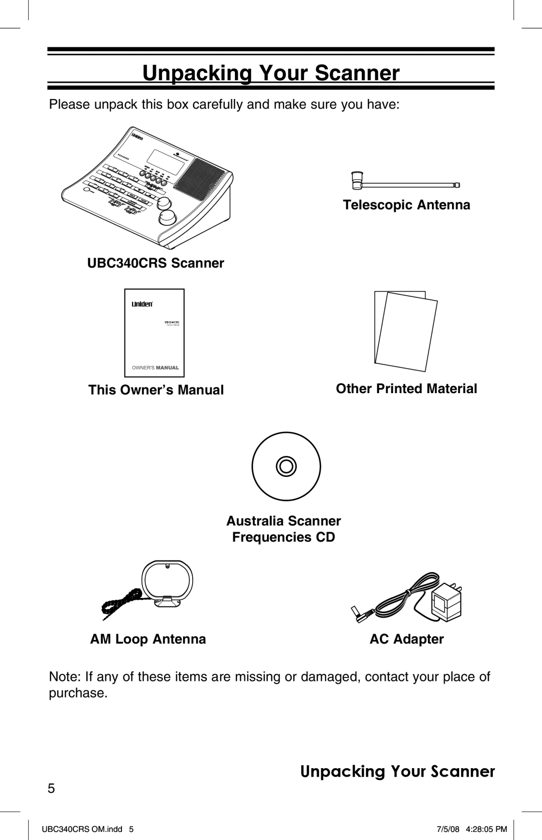 Uniden UBC340CRS owner manual Unpacking Your Scanner 