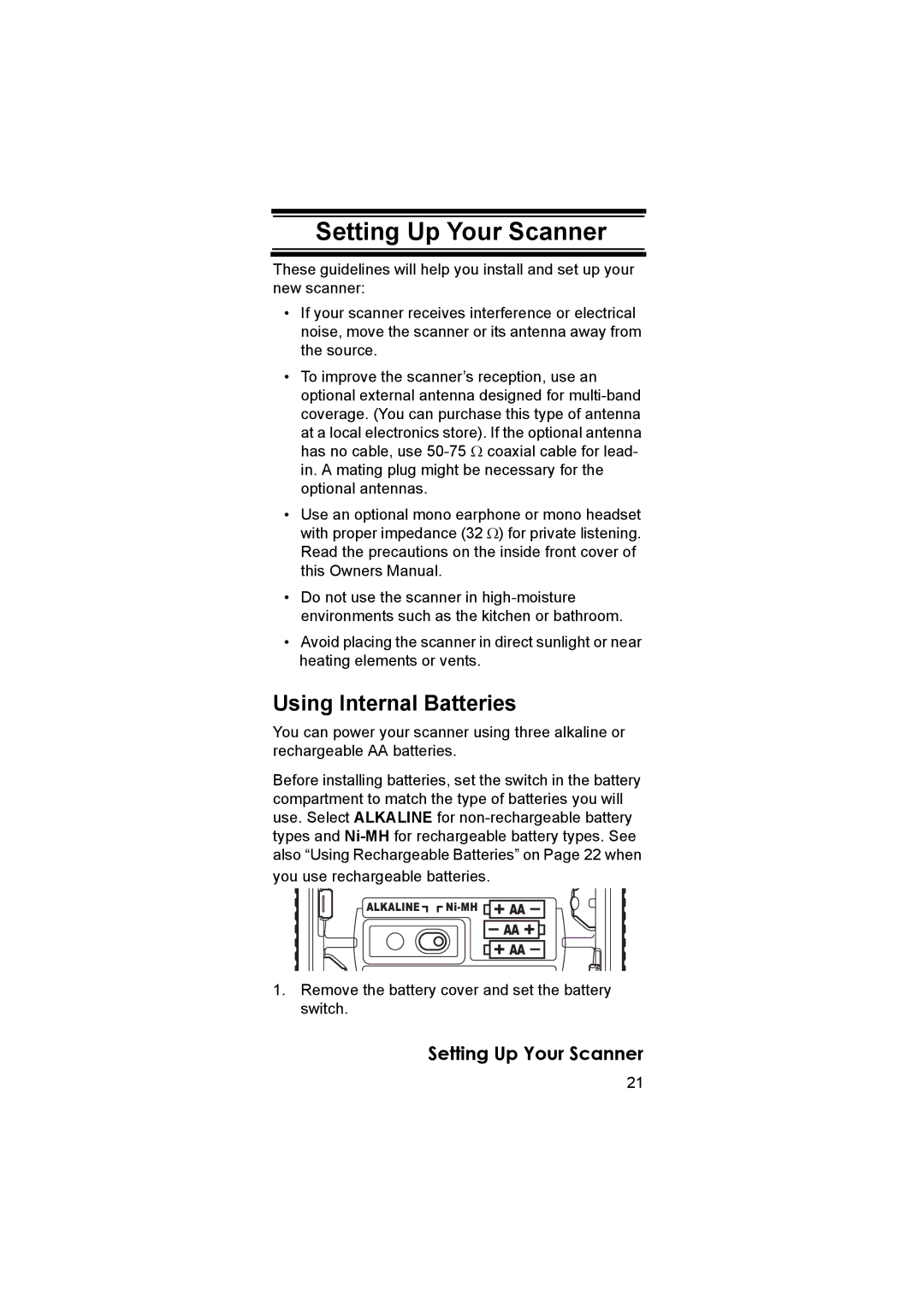 Uniden UBC3500XLT owner manual Setting Up Your Scanner, Using Internal Batteries 