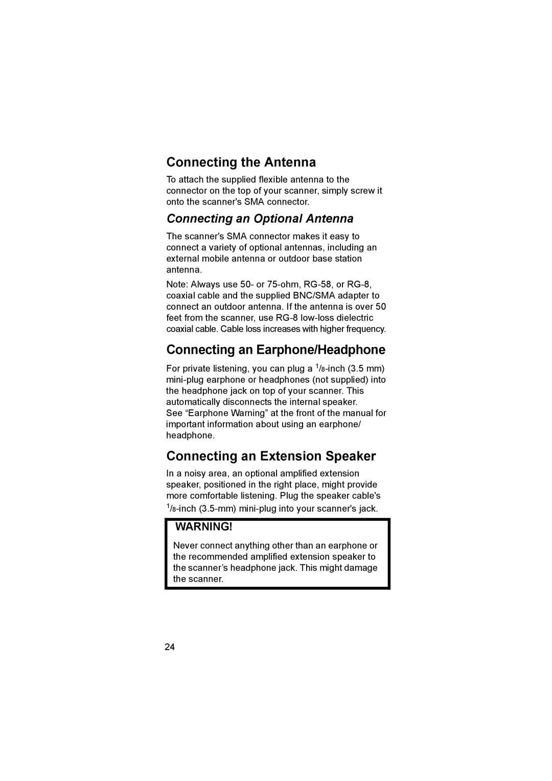 Uniden UBC3500XLT owner manual Connecting the Antenna, Connecting an Earphone/Headphone, Connecting an Extension Speaker 