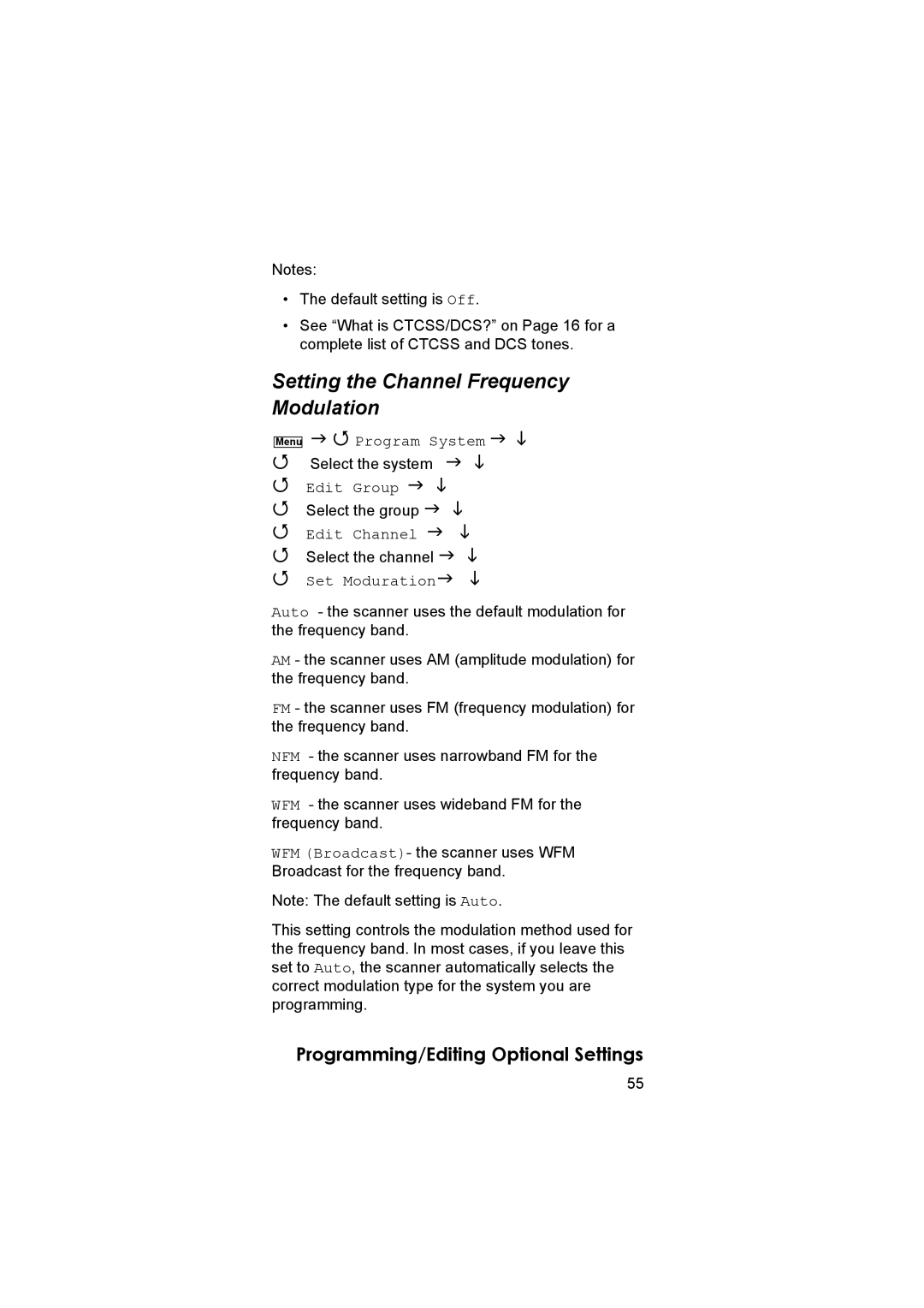 Uniden UBC3500XLT owner manual Setting the Channel Frequency Modulation, Set Moduration 