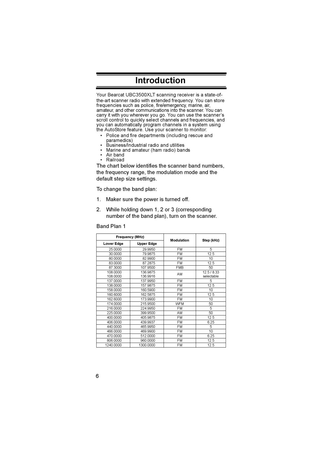 Uniden UBC3500XLT owner manual Introduction, Frequency MHz Modulation Step kHz Lower Edge Upper Edge 