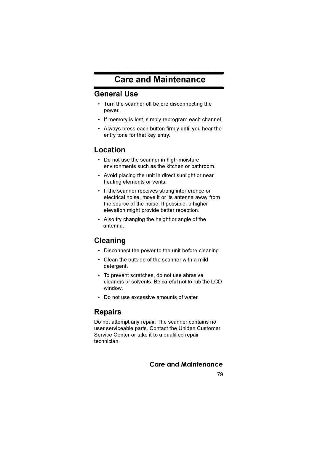 Uniden UBC3500XLT owner manual Care and Maintenance, General Use, Location, Cleaning, Repairs 