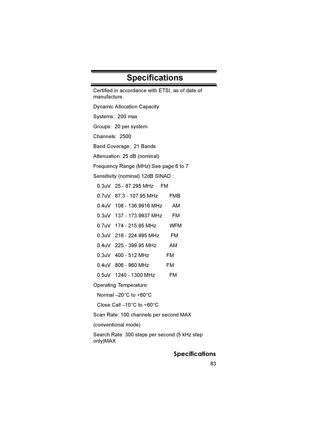 Uniden UBC3500XLT owner manual Specifications 