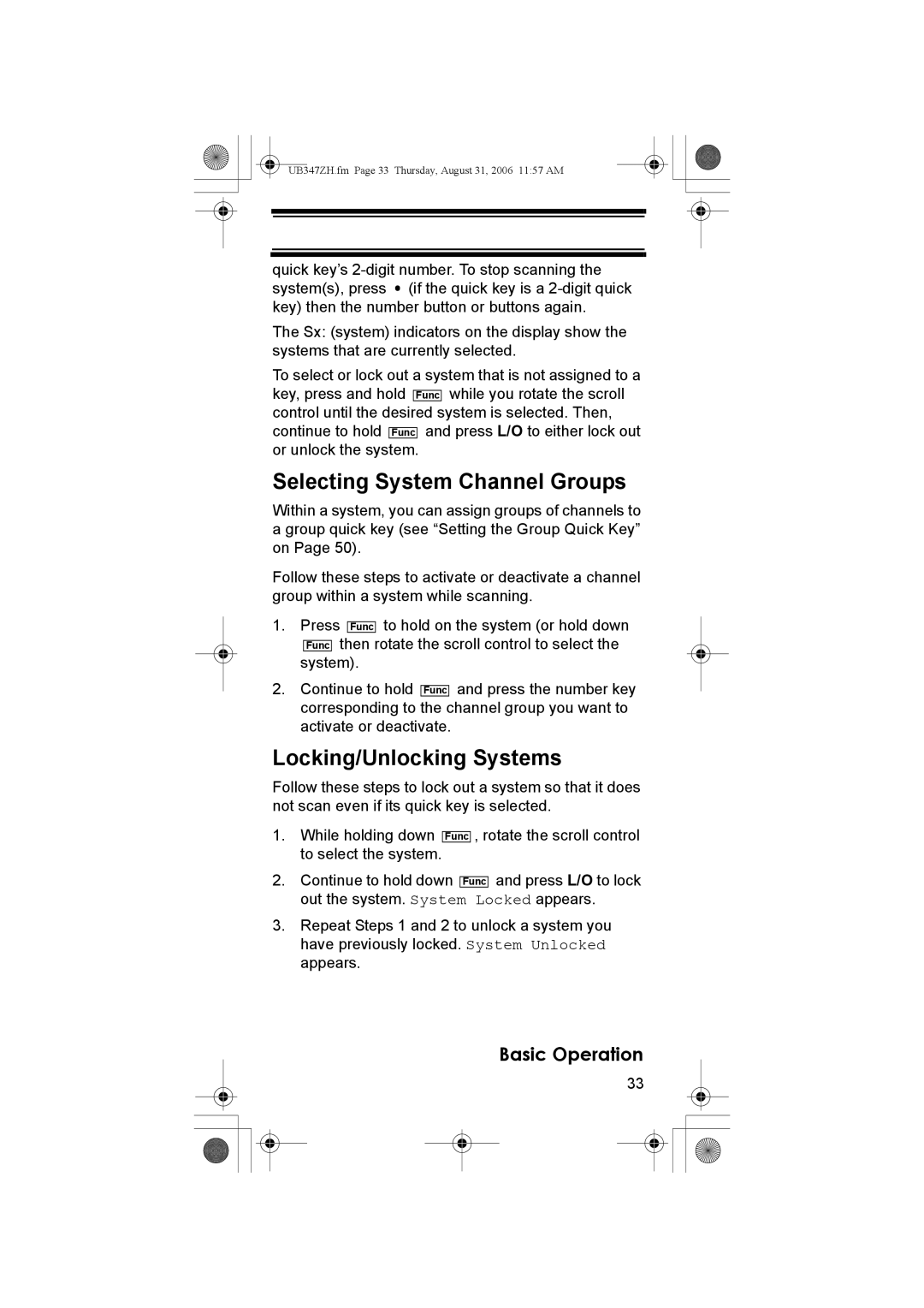 Uniden UBC3500XLT owner manual Selecting System Channel Groups, Locking/Unlocking Systems 