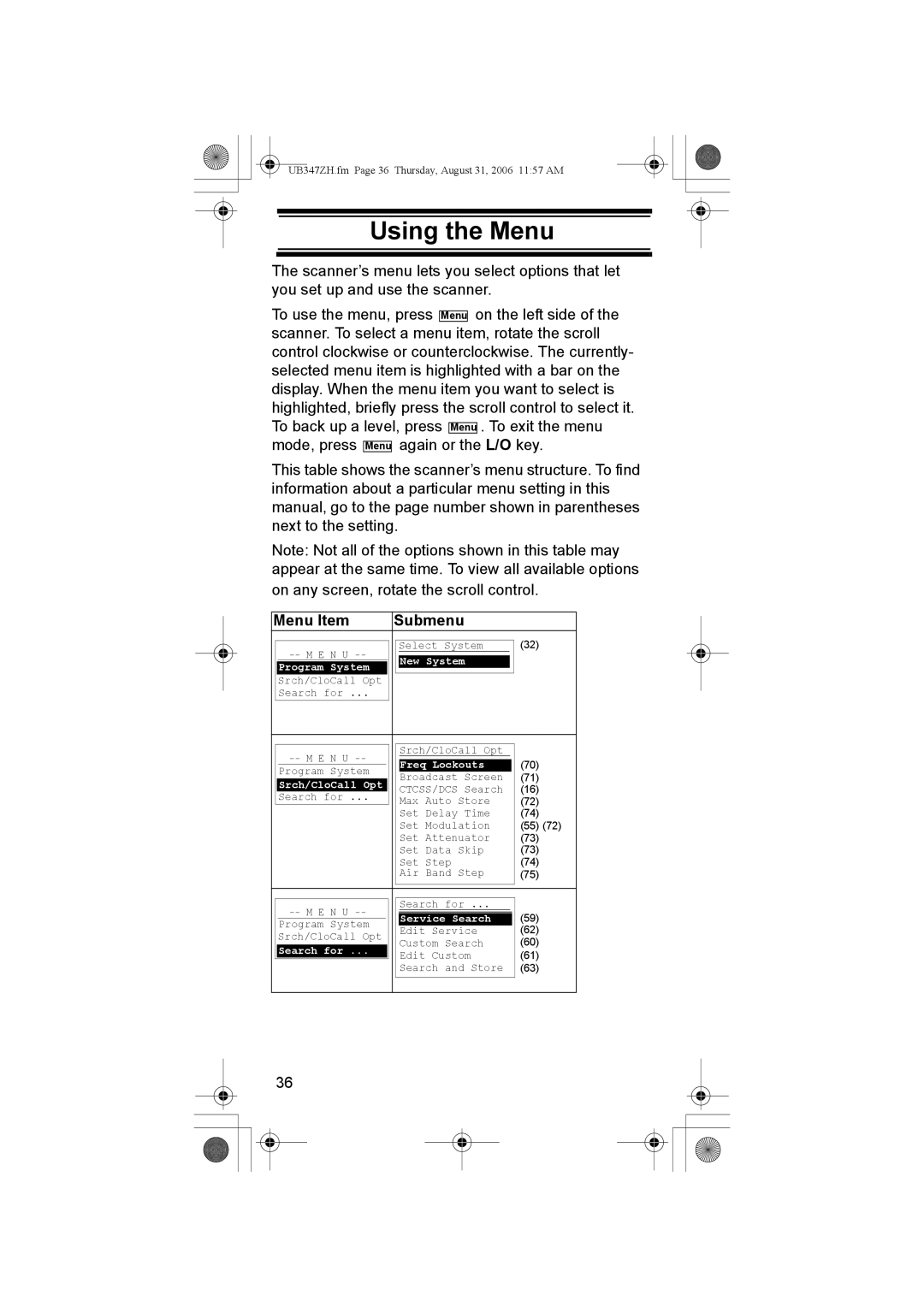 Uniden UBC3500XLT owner manual Using the Menu, Menu Item Submenu 