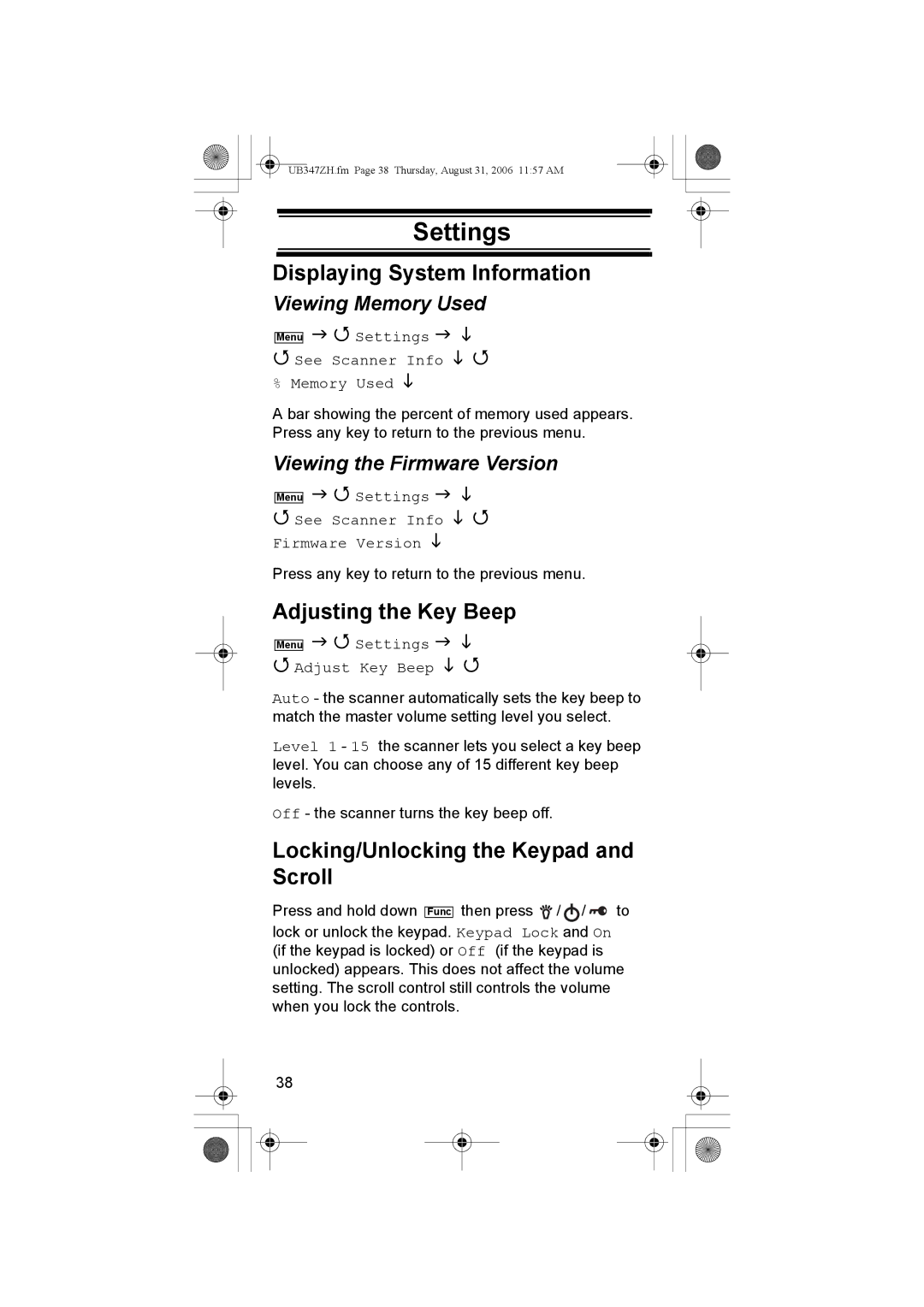 Uniden UBC3500XLT Settings, Displaying System Information, Adjusting the Key Beep, Locking/Unlocking the Keypad and Scroll 