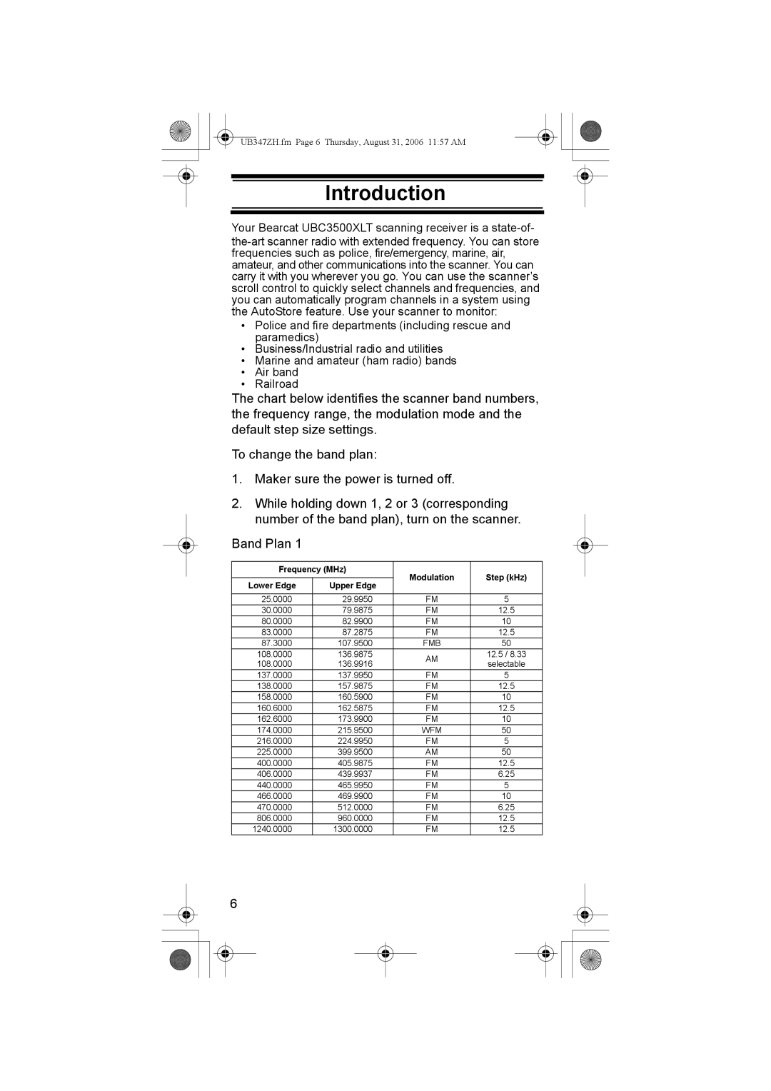 Uniden UBC3500XLT owner manual Introduction, Frequency MHz Modulation Step kHz Lower Edge Upper Edge 