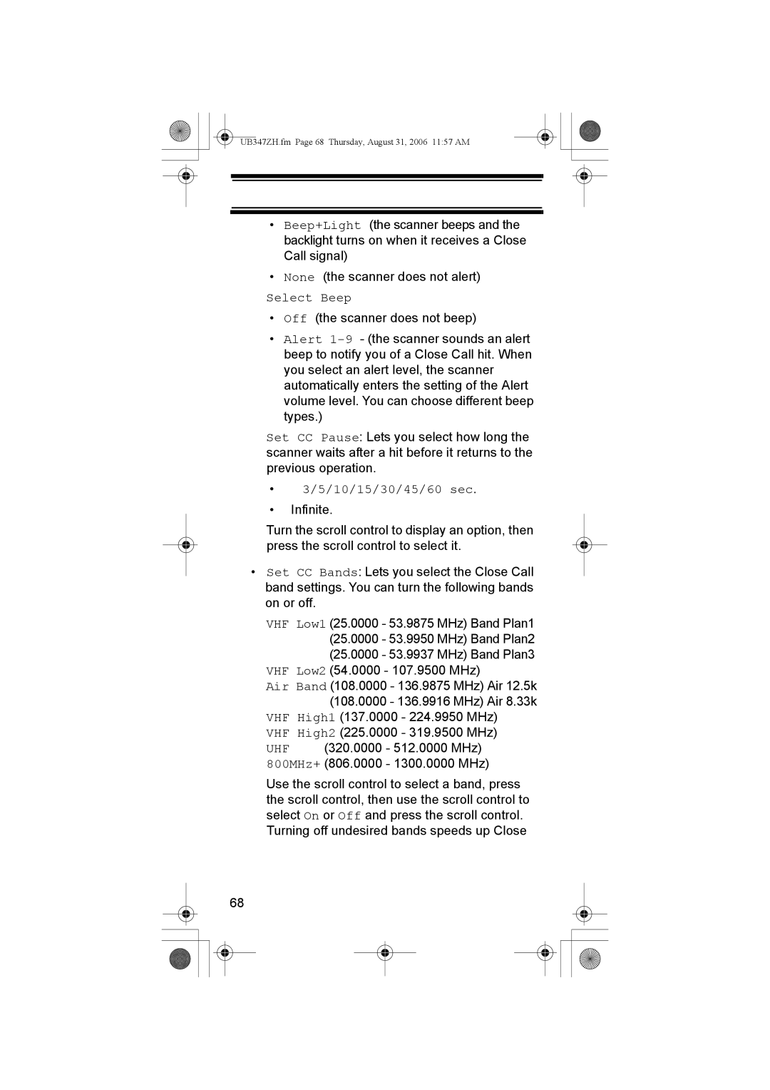 Uniden UBC3500XLT owner manual Select Beep, 10/15/30/45/60 sec 