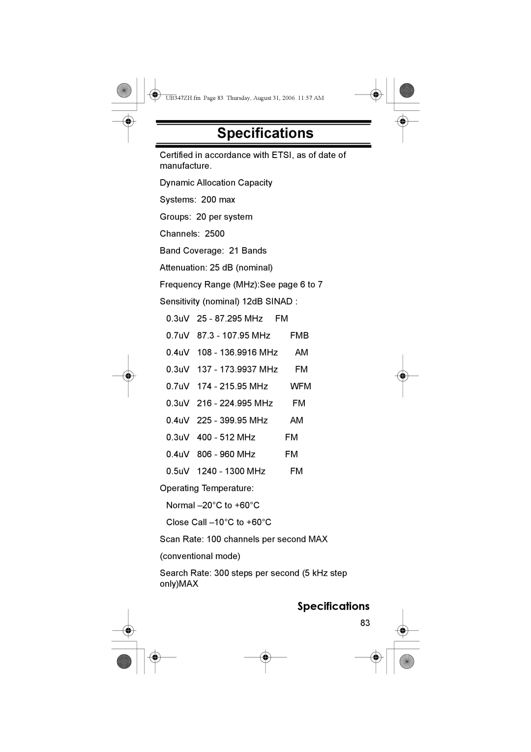 Uniden UBC3500XLT owner manual Specifications 