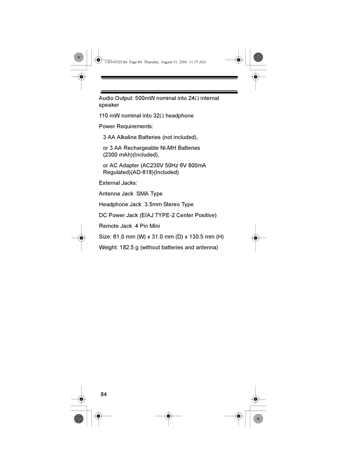 Uniden UBC3500XLT owner manual UB347ZH.fm Page 84 Thursday, August 31, 2006 1157 AM 