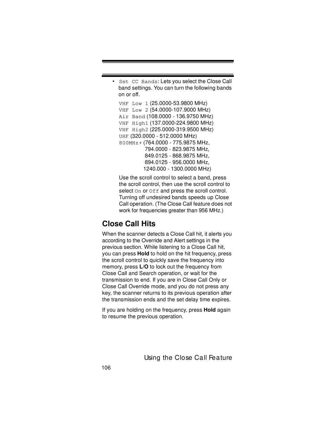 Uniden UBC396T specifications Close Call Hits 