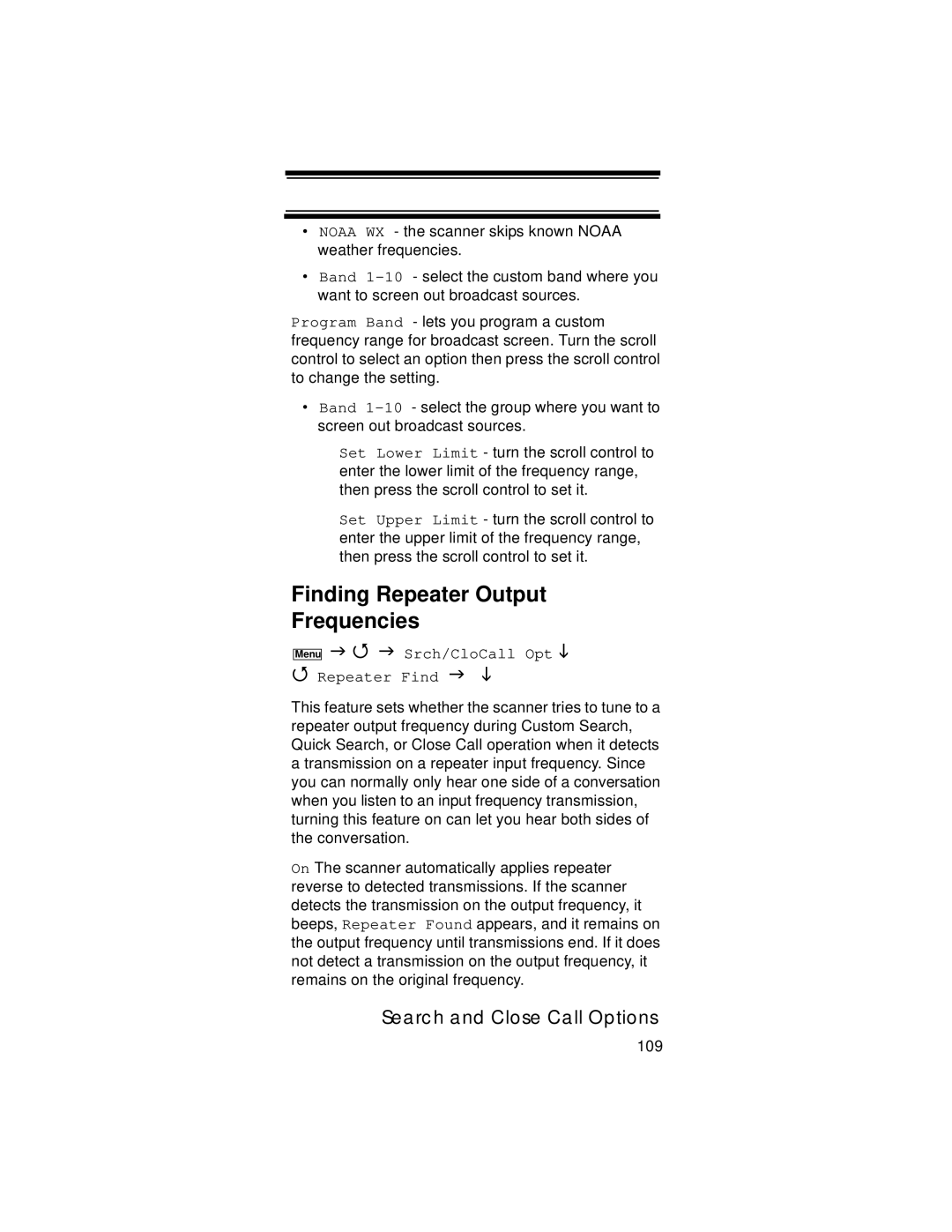 Uniden UBC396T specifications Finding Repeater Output Frequencies, Srch/CloCall Opt Repeater Find 