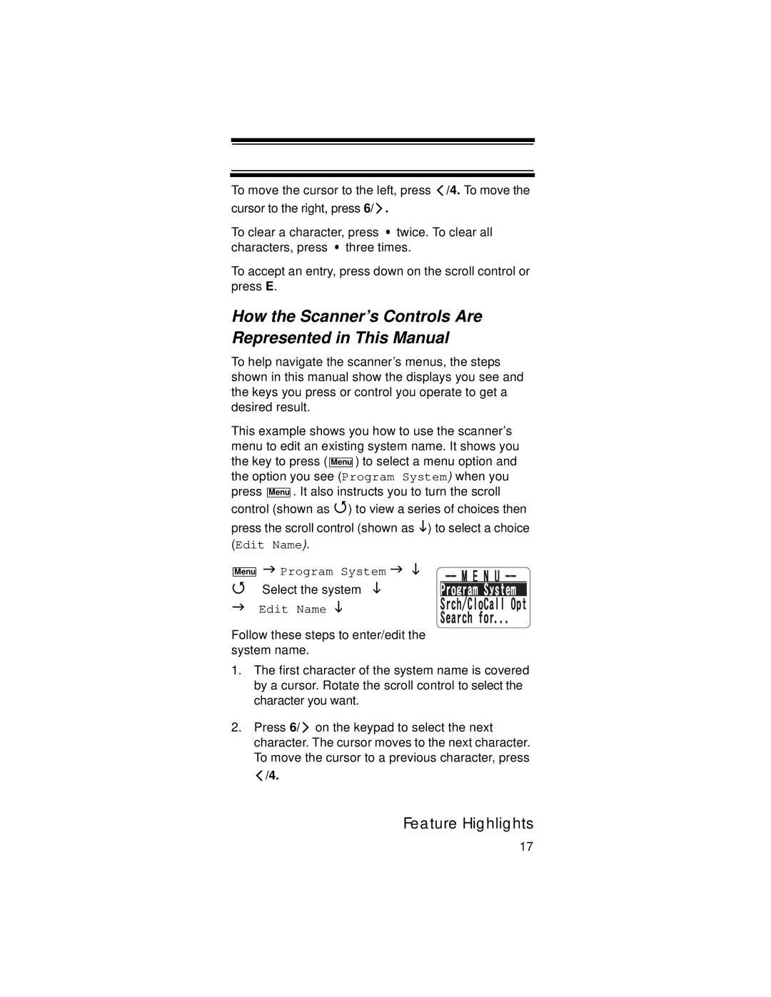 Uniden UBC396T specifications How the Scanner’s Controls Are Represented in This Manual, Menu Program System, Edit Name 