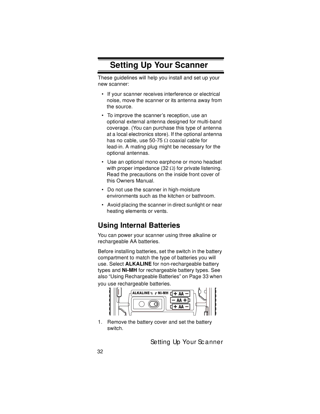 Uniden UBC396T specifications Setting Up Your Scanner, Using Internal Batteries 