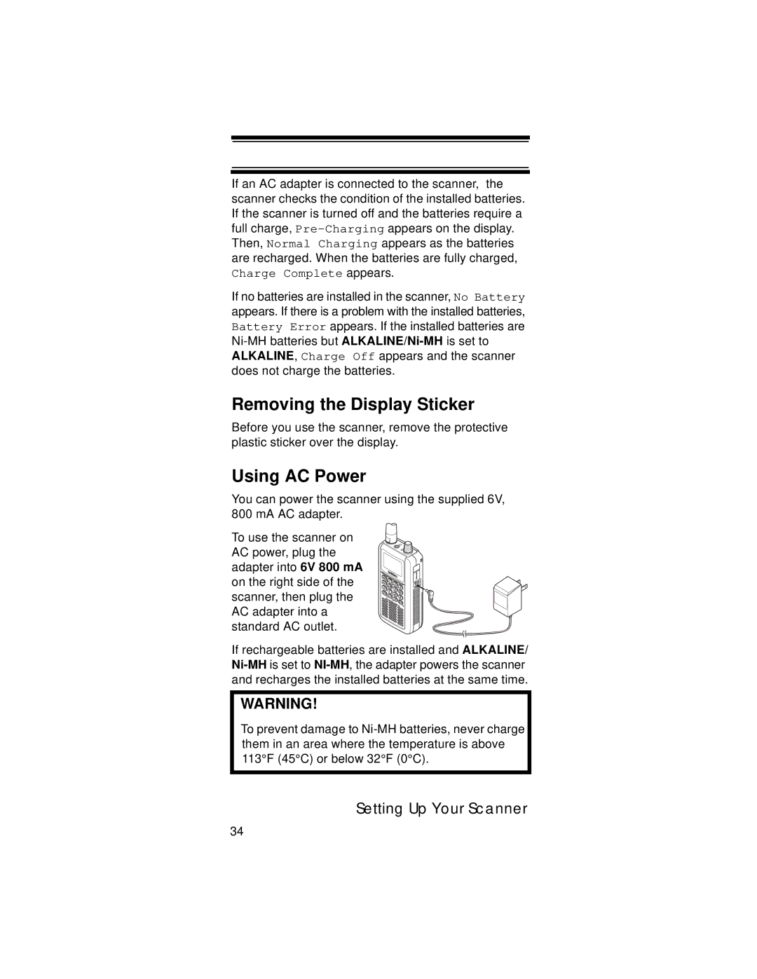 Uniden UBC396T specifications Removing the Display Sticker, Using AC Power 