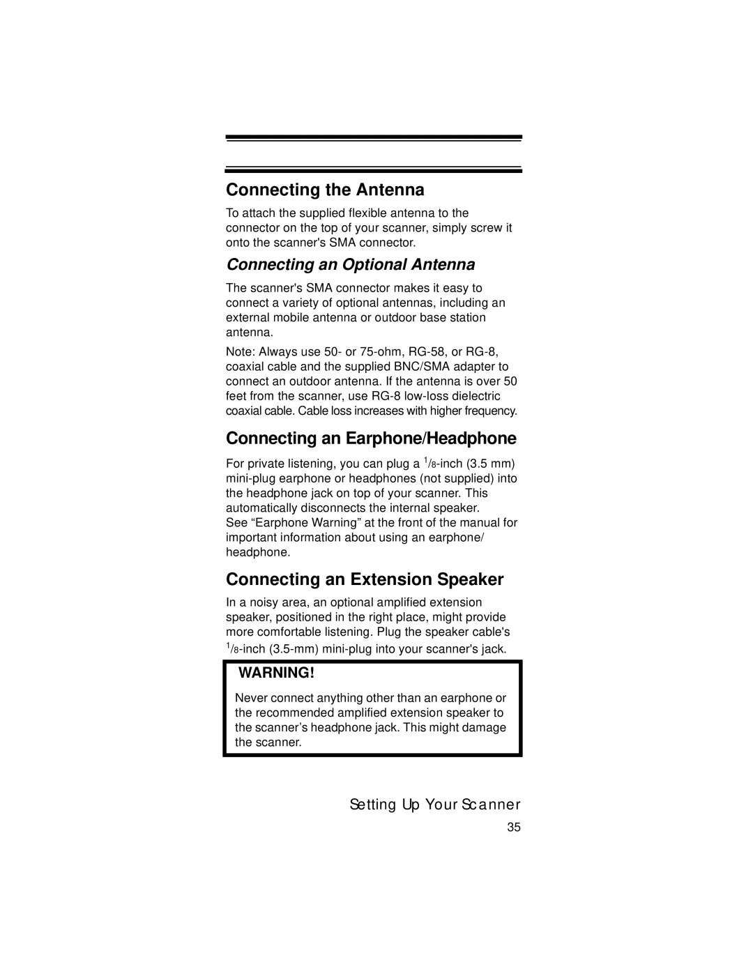 Uniden UBC396T specifications Connecting the Antenna, Connecting an Earphone/Headphone, Connecting an Extension Speaker 