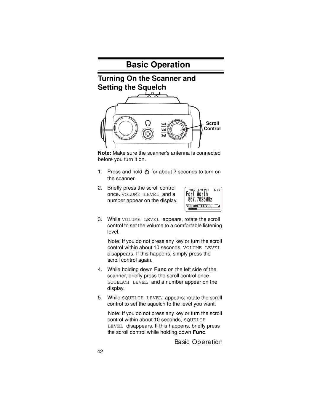 Uniden UBC396T specifications Basic Operation, Turning On the Scanner and Setting the Squelch 