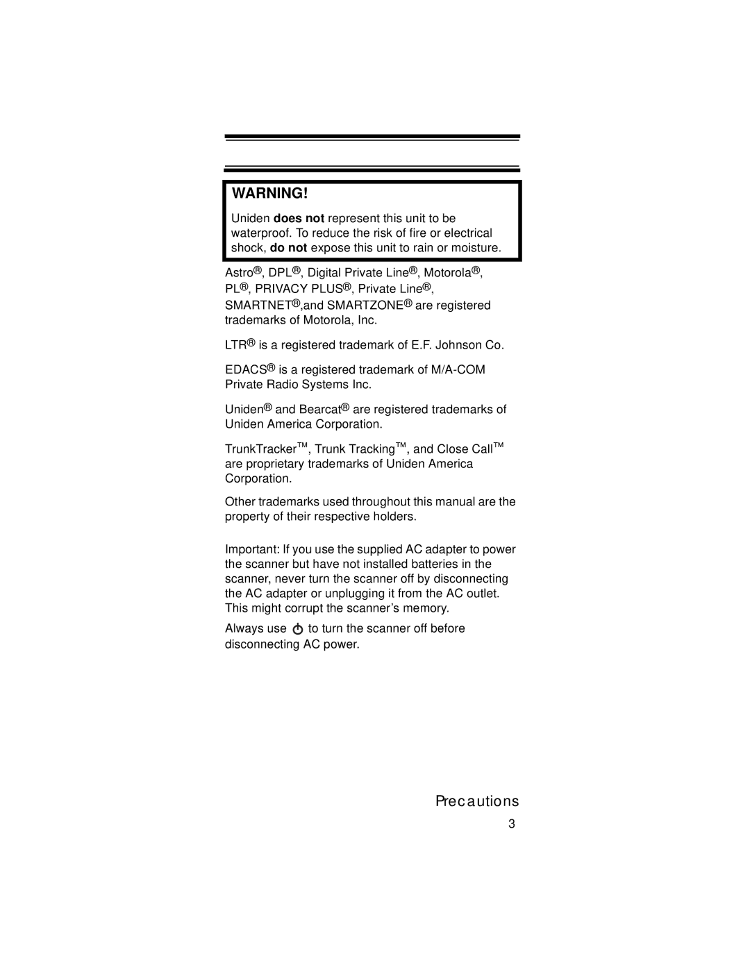 Uniden UBC396T specifications Precautions 