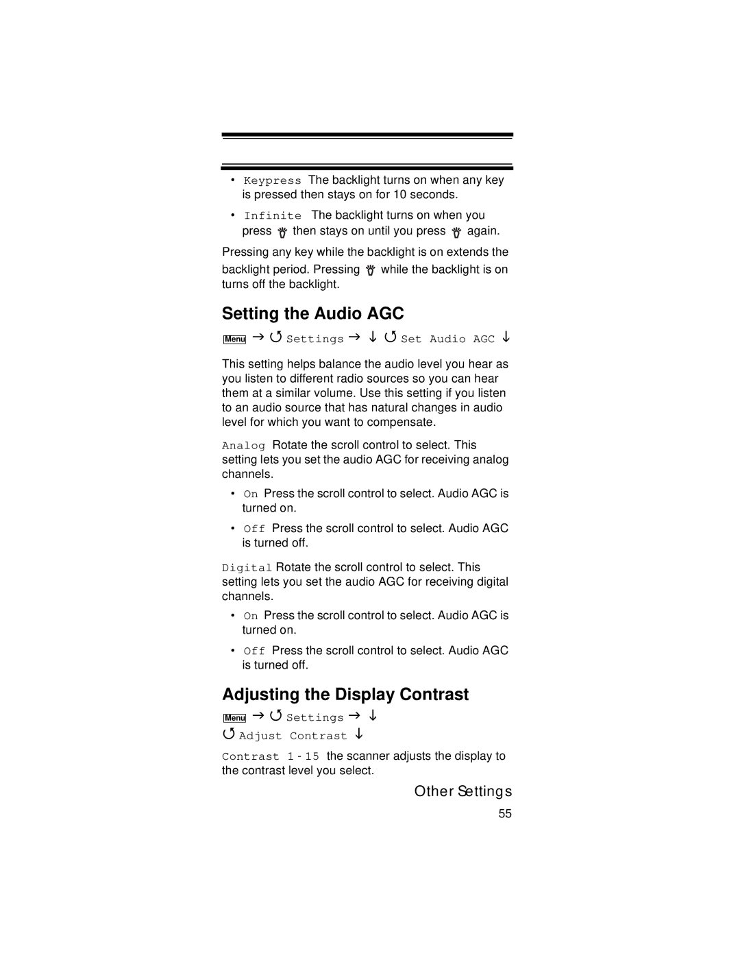 Uniden UBC396T Setting the Audio AGC, Adjusting the Display Contrast, Settings Set Audio AGC, Settings Adjust Contrast 