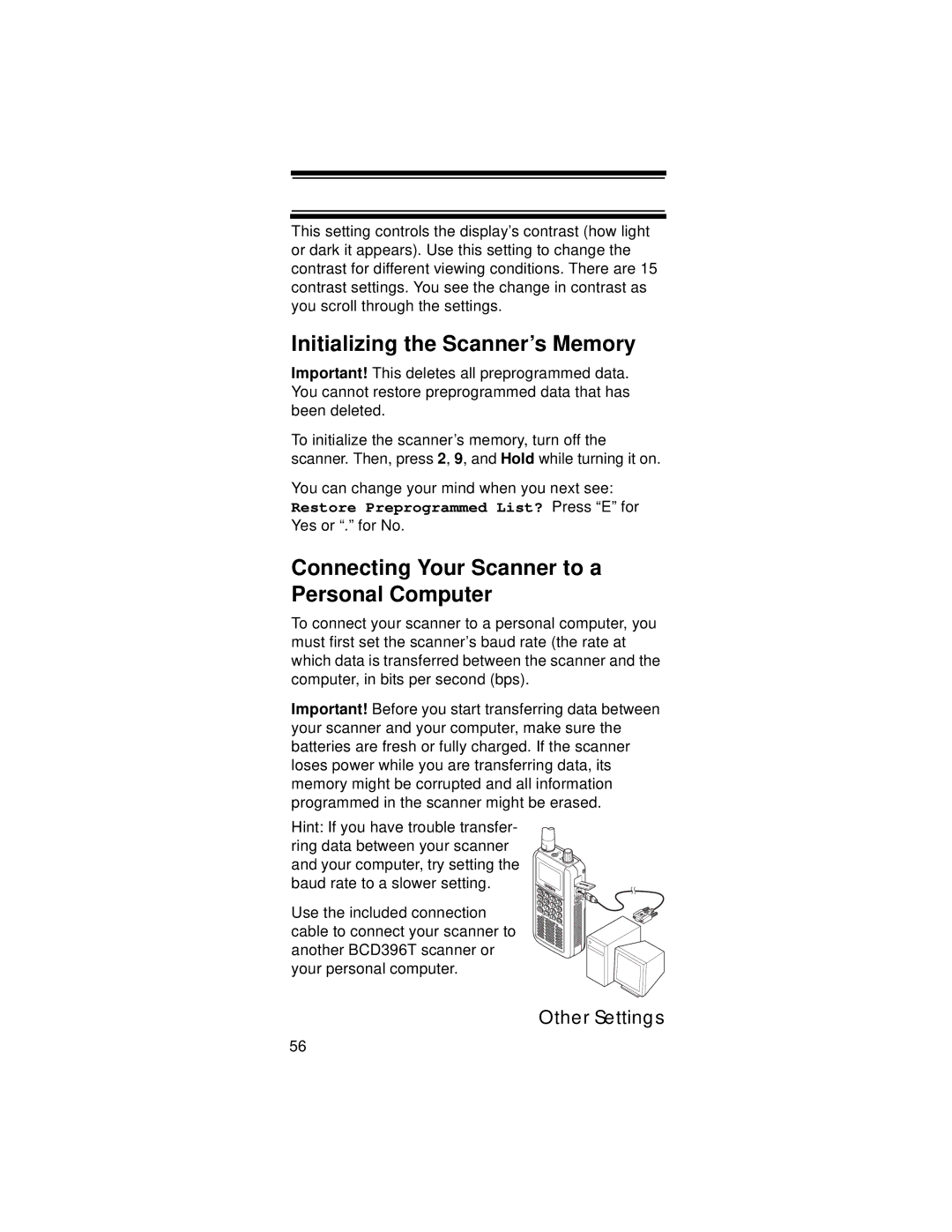 Uniden UBC396T specifications Initializing the Scanner’s Memory, Connecting Your Scanner to a Personal Computer 