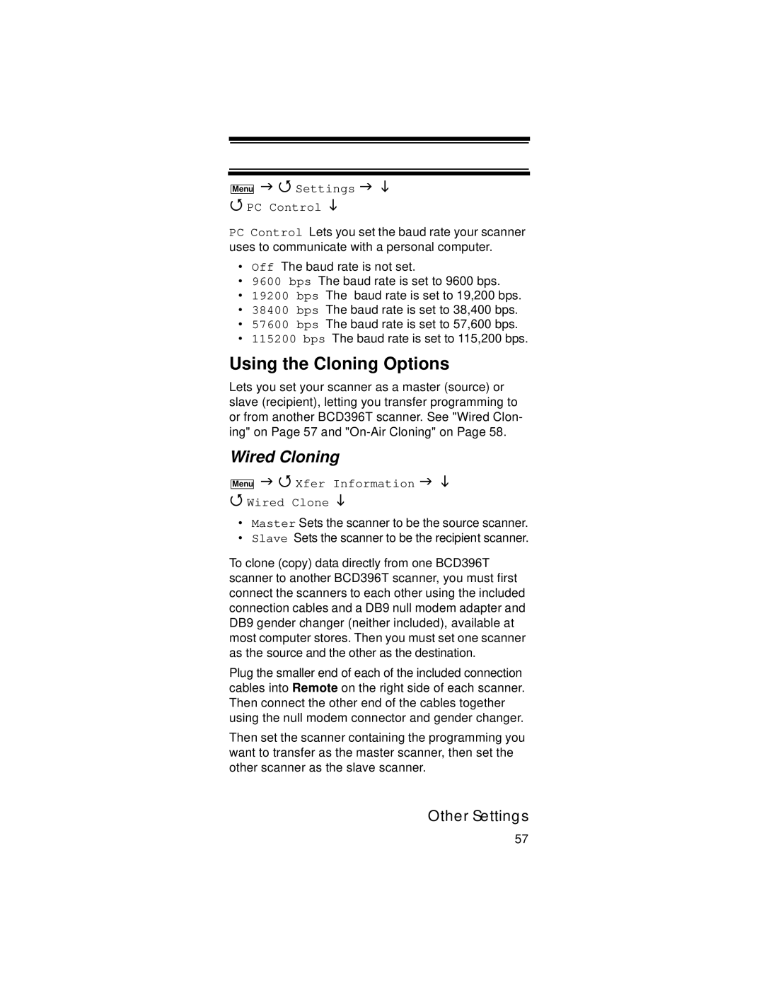 Uniden UBC396T specifications Using the Cloning Options, Wired Cloning, Settings PC Control, Xfer Information Wired Clone 