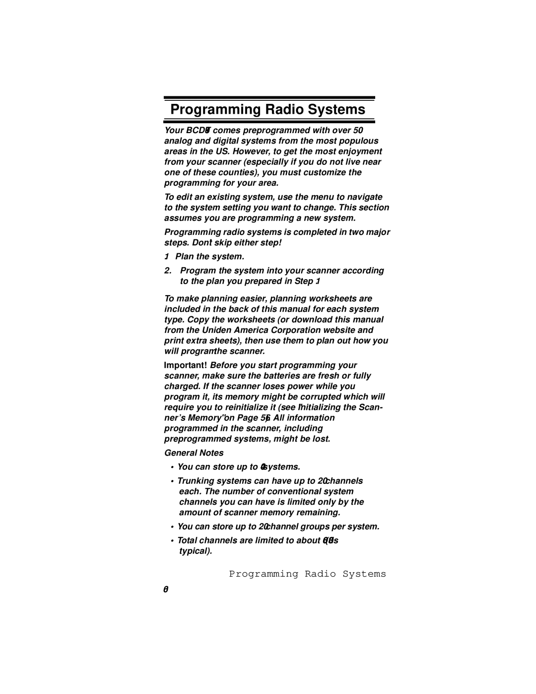 Uniden UBC396T specifications Programming Radio Systems 