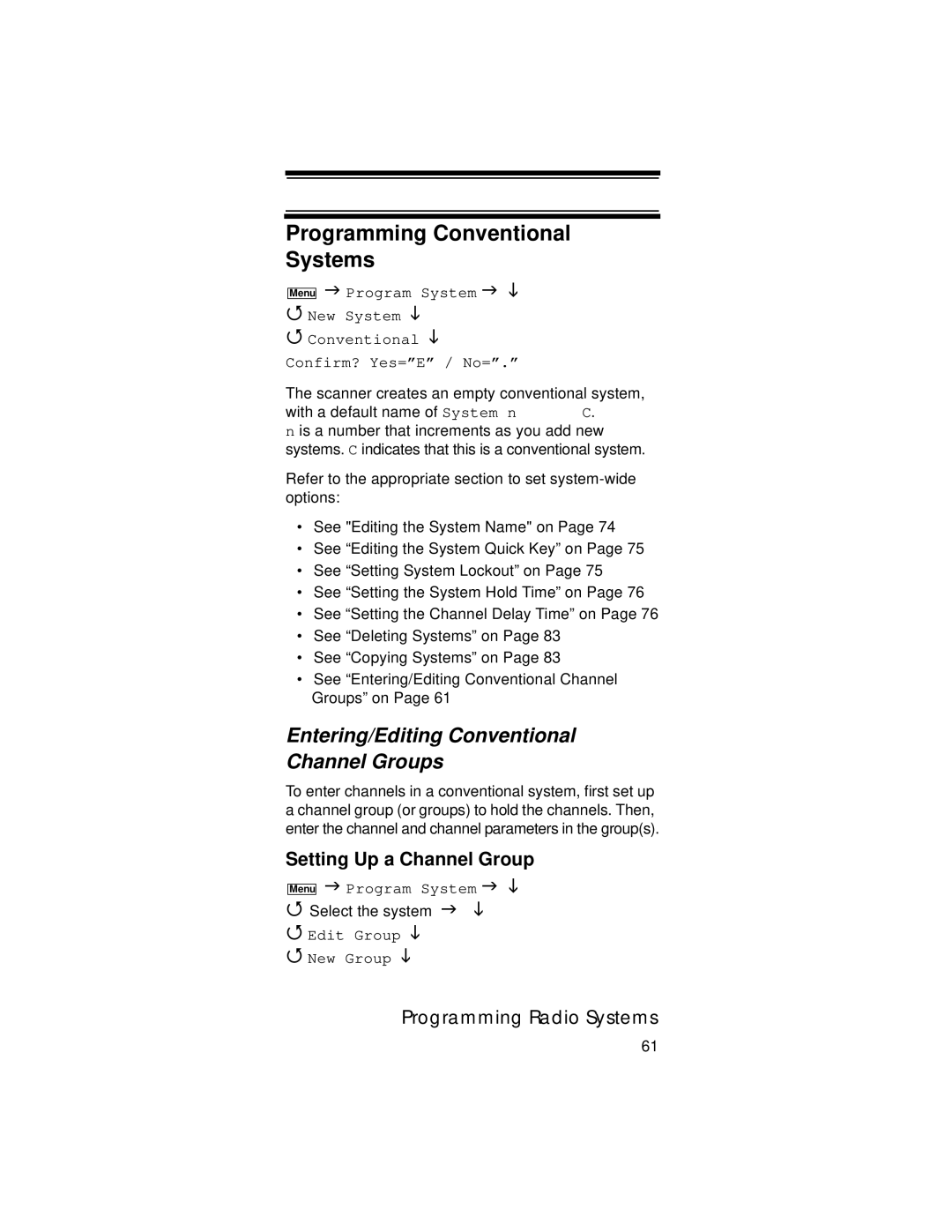 Uniden UBC396T Programming Conventional Systems, Entering/Editing Conventional Channel Groups, Program System 