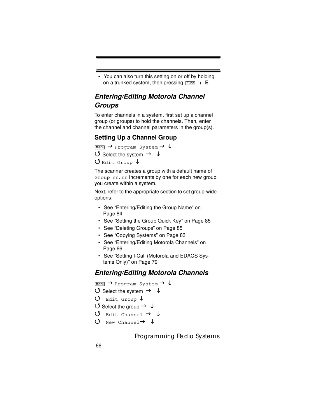 Uniden UBC396T specifications Entering/Editing Motorola Channel Groups, Entering/Editing Motorola Channels 