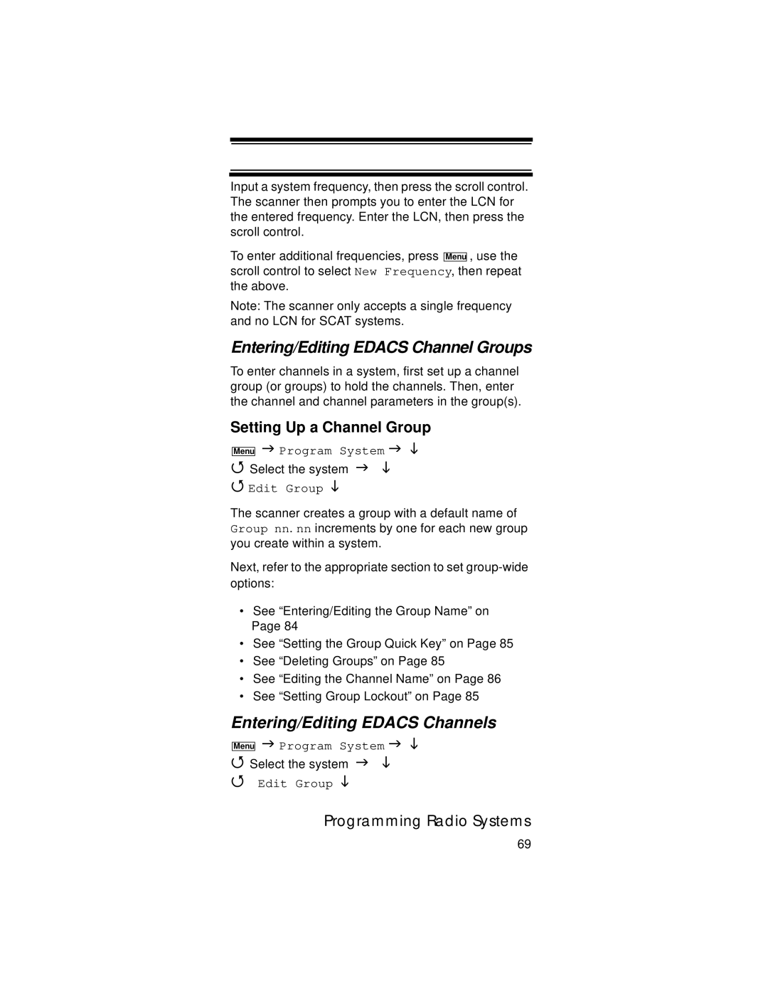 Uniden UBC396T specifications Entering/Editing Edacs Channel Groups, Entering/Editing Edacs Channels 