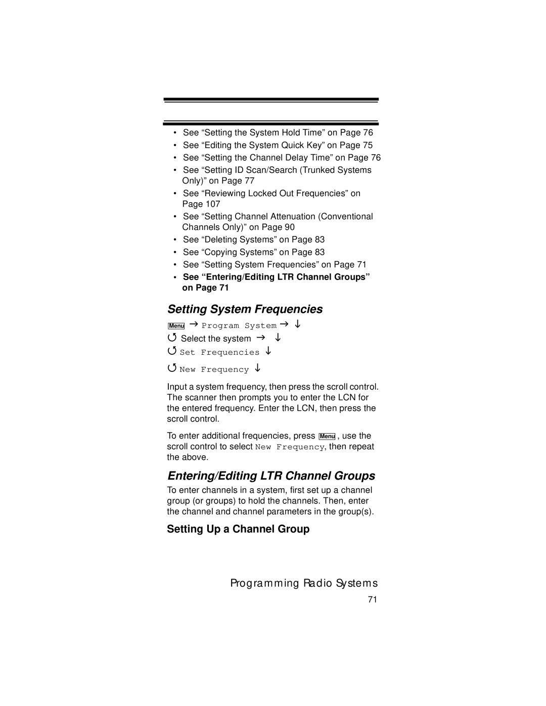 Uniden UBC396T specifications Setting System Frequencies, Entering/Editing LTR Channel Groups 