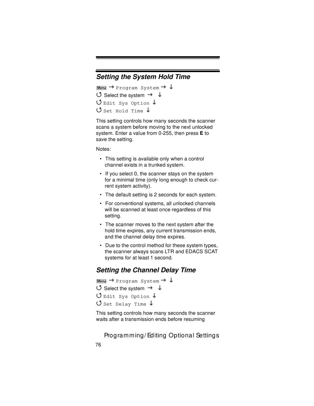 Uniden UBC396T specifications Setting the System Hold Time, Setting the Channel Delay Time, Edit Sys Option Set Hold Time 