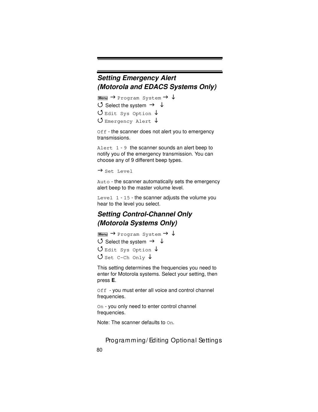 Uniden UBC396T Setting Emergency Alert Motorola and Edacs Systems Only, Setting Control-Channel Only Motorola Systems Only 