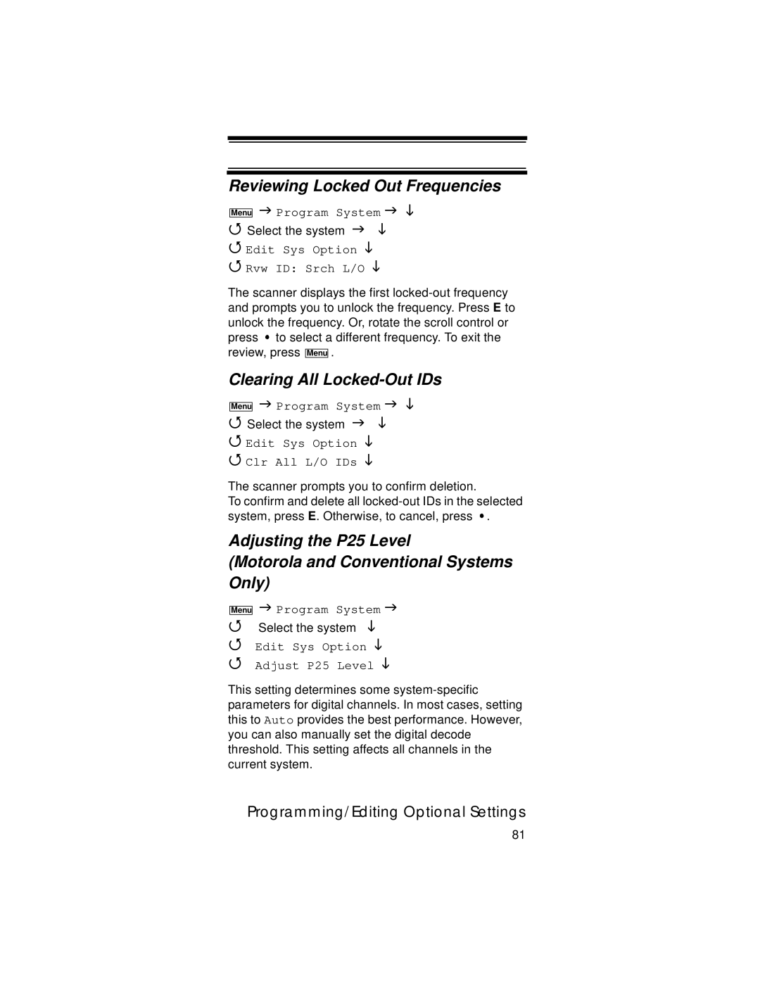 Uniden UBC396T Reviewing Locked Out Frequencies, Clearing All Locked-Out IDs, Edit Sys Option Rvw ID Srch L/O 