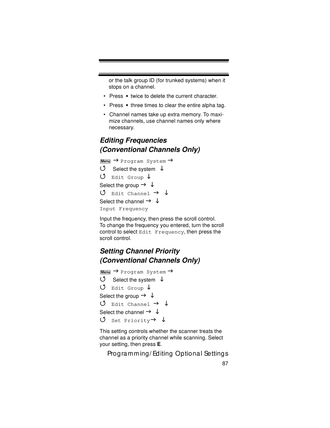 Uniden UBC396T Editing Frequencies Conventional Channels Only, Setting Channel Priority Conventional Channels Only 