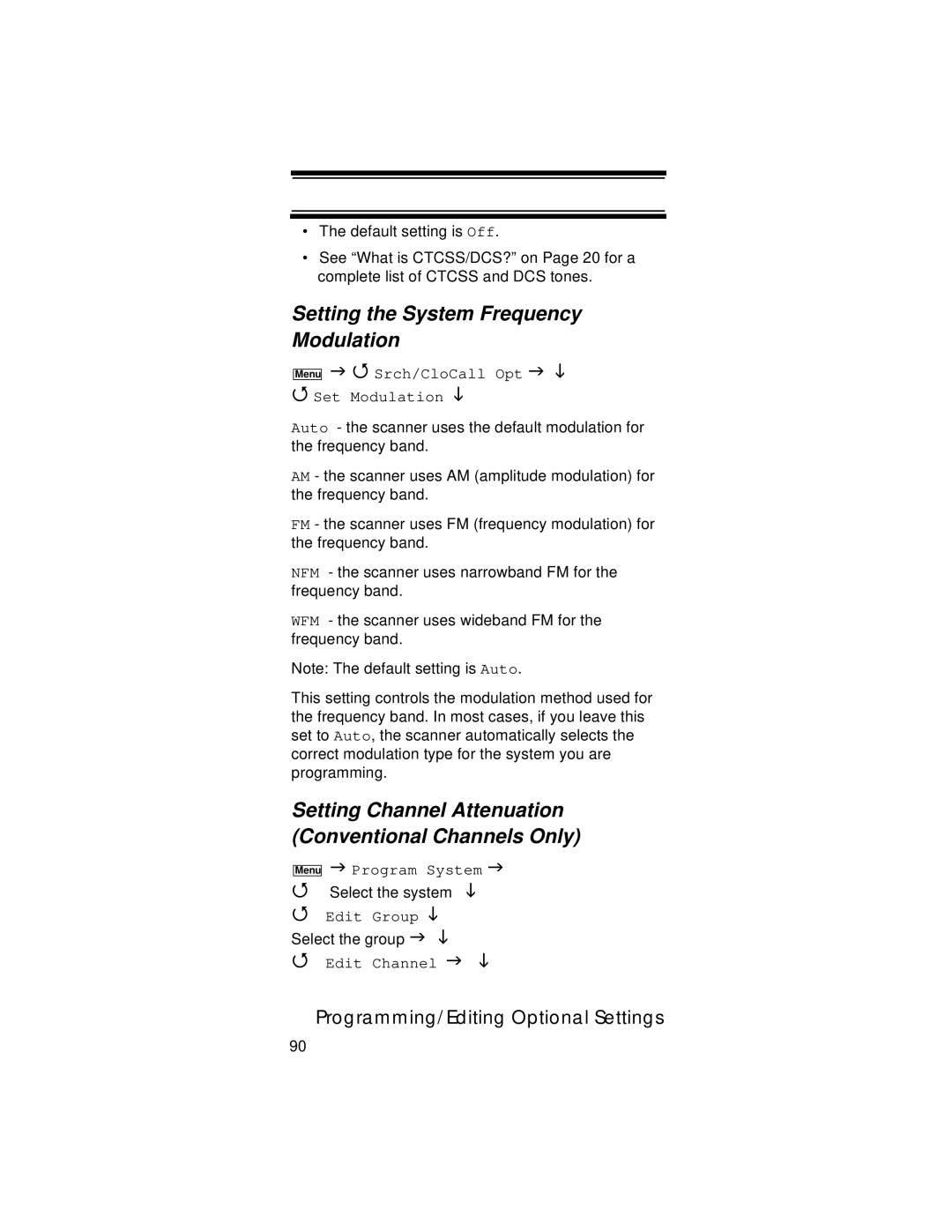 Uniden UBC396T Setting the System Frequency Modulation, Setting Channel Attenuation Conventional Channels Only 