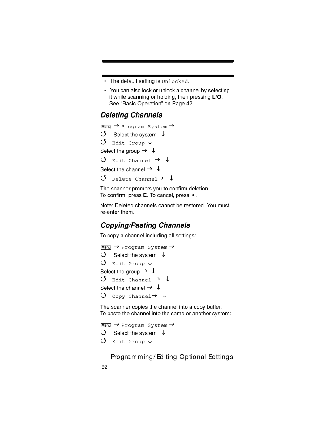 Uniden UBC396T specifications Deleting Channels, Copying/Pasting Channels, Delete Channel, Copy Channel 